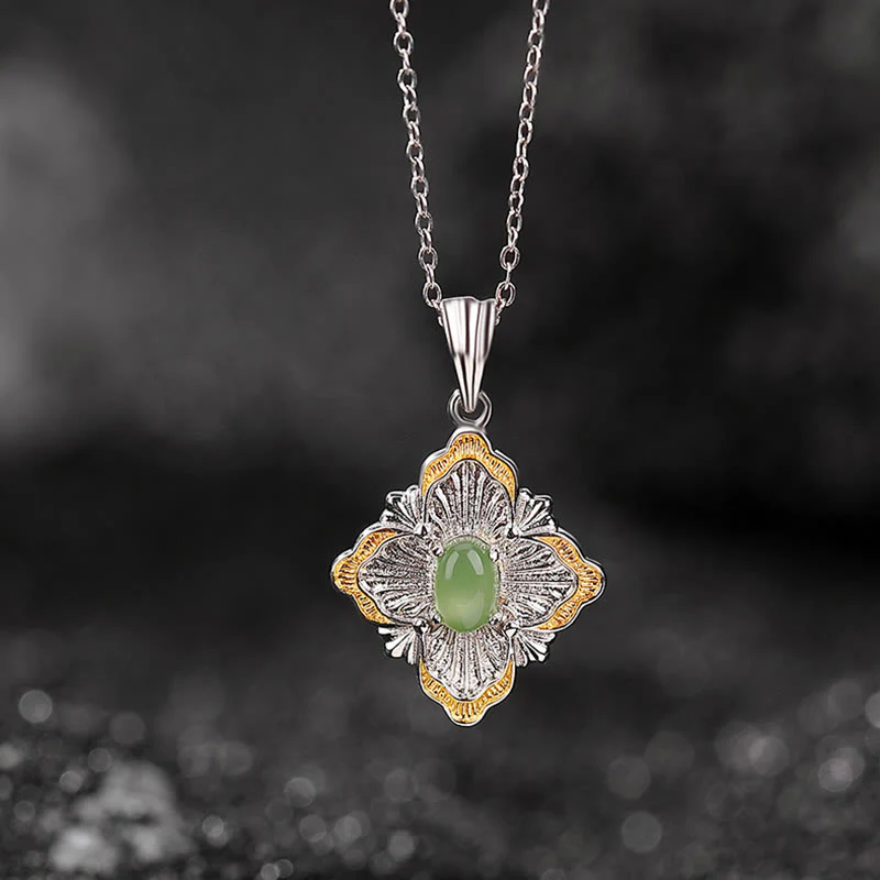 Collana con ciondolo a forma di rombo in giada ciano Hetian, design a Buddha Stones , in argento sterling 925 placcato oro, con guarigione della fortuna - Image 2