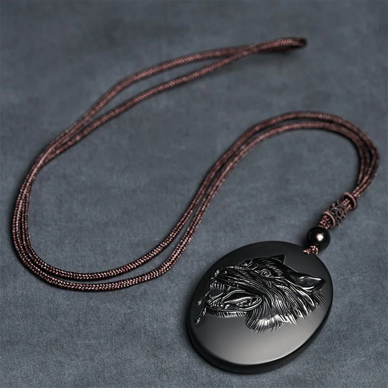 Collana con ciondolo a forma di testa di lupo in ossidiana nera naturale Buddha Stones e forza - Image 8