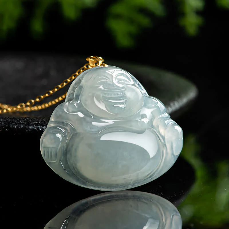 Collana con Buddha Stones che ride, giada naturale, abbondanza, catena in acciaio al titanio - Image 2