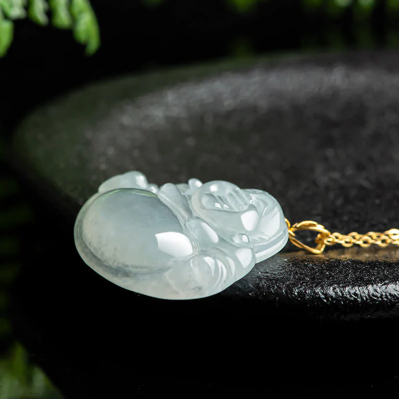 Collana con Buddha Stones che ride, giada naturale, abbondanza, catena in acciaio al titanio - Image 4