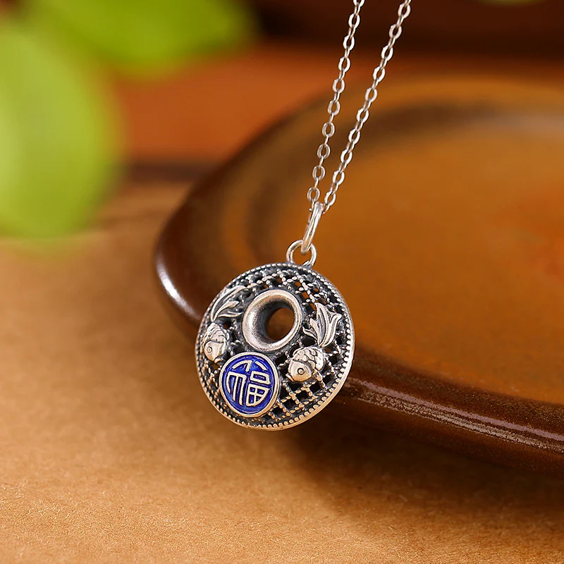Collana con ciondolo Buddha Stones 999 Sterling Silver Koi Fish Fu Character Lotus Peace Buckle Wealth - Image 3