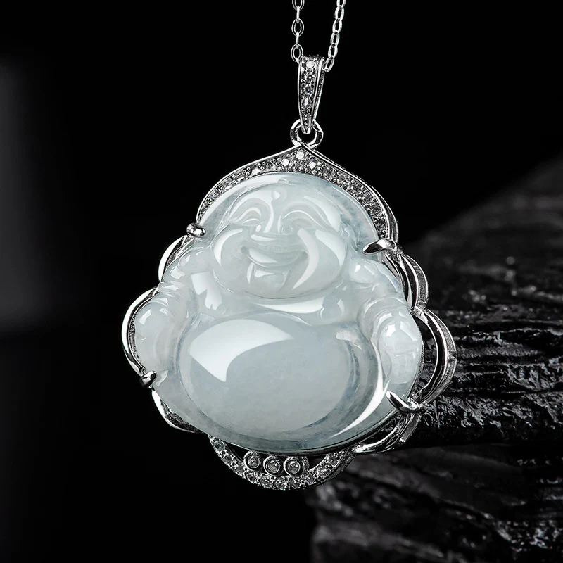 Collana con Buddha Stones che ride, giada naturale, abbondanza, catena in acciaio al titanio