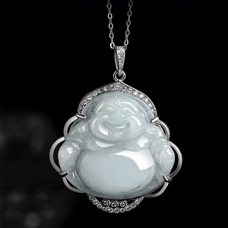 Collana con Buddha Stones che ride, giada naturale, abbondanza, catena in acciaio al titanio - Image 4