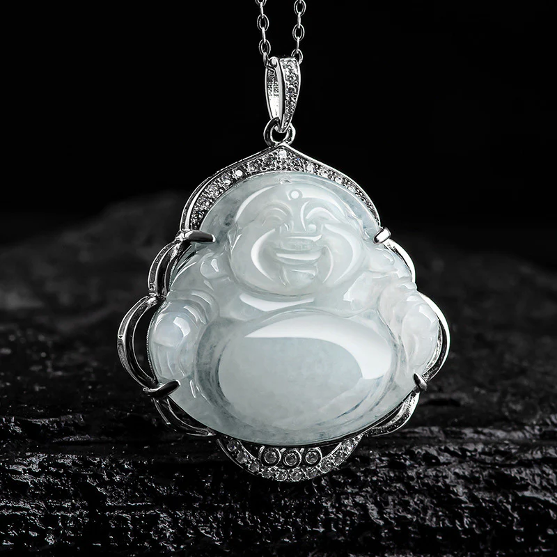 Collana con Buddha Stones che ride, giada naturale, abbondanza, catena in acciaio al titanio - Image 5