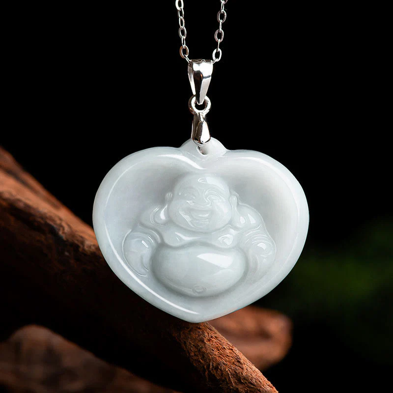 Collana con ciondolo a catena in acciaio al titanio Buddha Stones ride, giada bianca e benedizione della fortuna