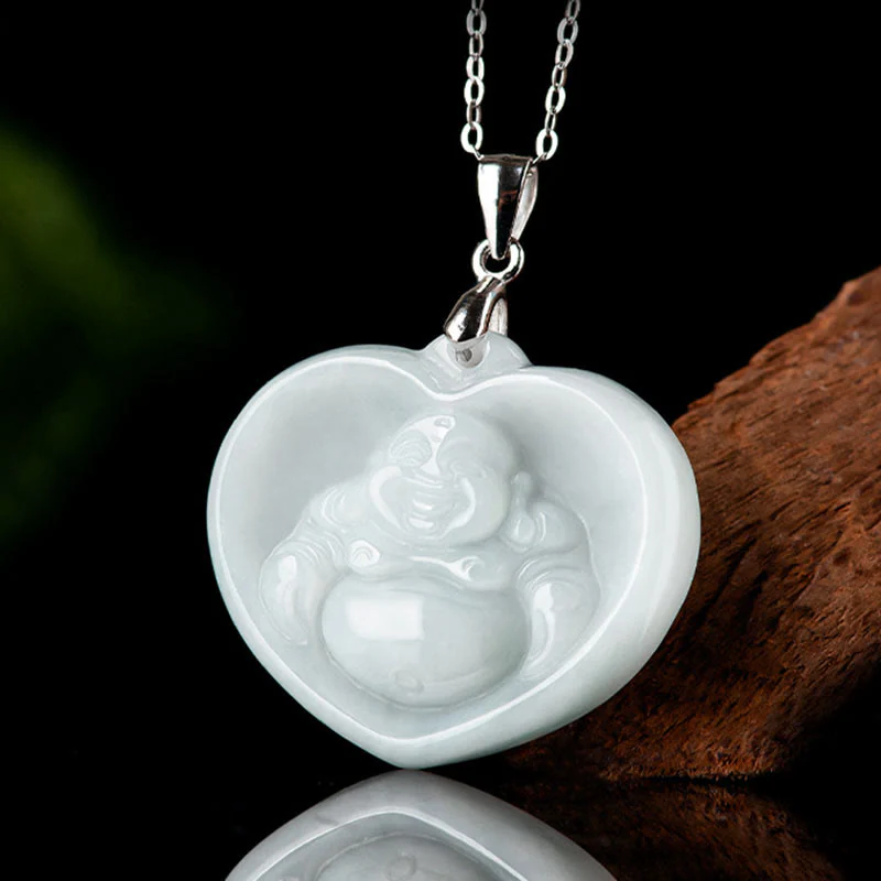 Collana con ciondolo a catena in acciaio al titanio Buddha Stones ride, giada bianca e benedizione della fortuna - Image 2