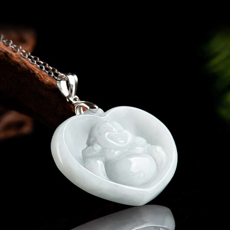 Collana con ciondolo a catena in acciaio al titanio Buddha Stones ride, giada bianca e benedizione della fortuna - Image 3