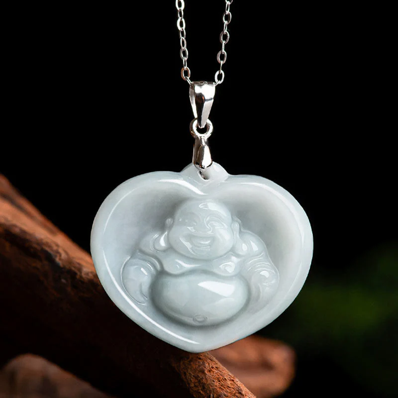 Collana con ciondolo a catena in acciaio al titanio Buddha Stones ride, giada bianca e benedizione della fortuna - Image 4