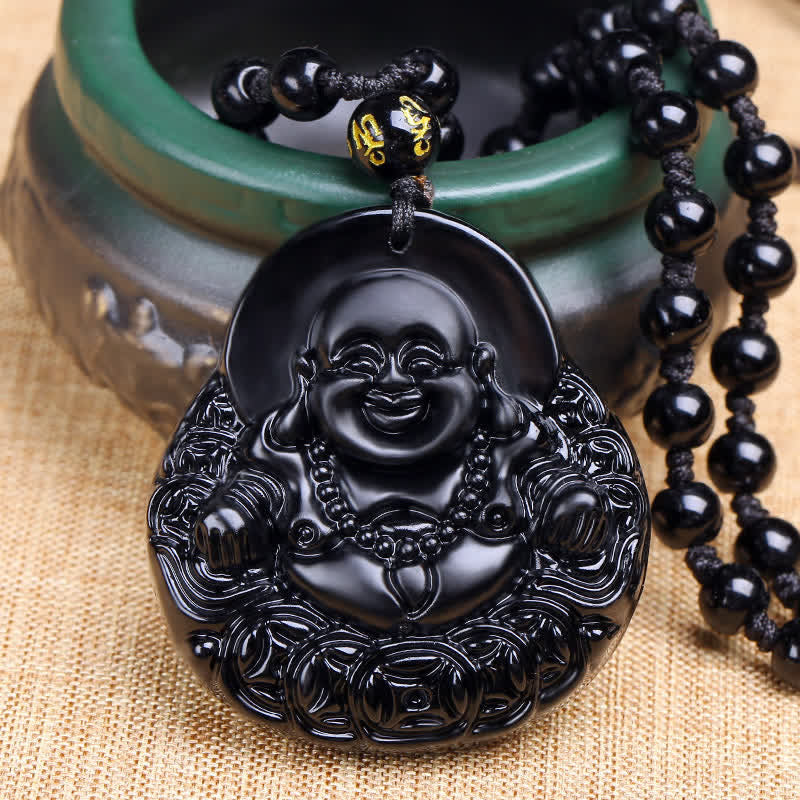 Collana con ciondolo Buddha Stones Laughing Buddha in ossidiana nera, forza e protezione