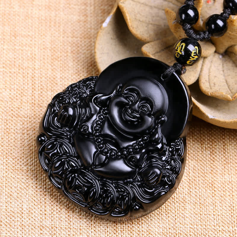 Collana con ciondolo Buddha Stones Laughing Buddha in ossidiana nera, forza e protezione - Image 4
