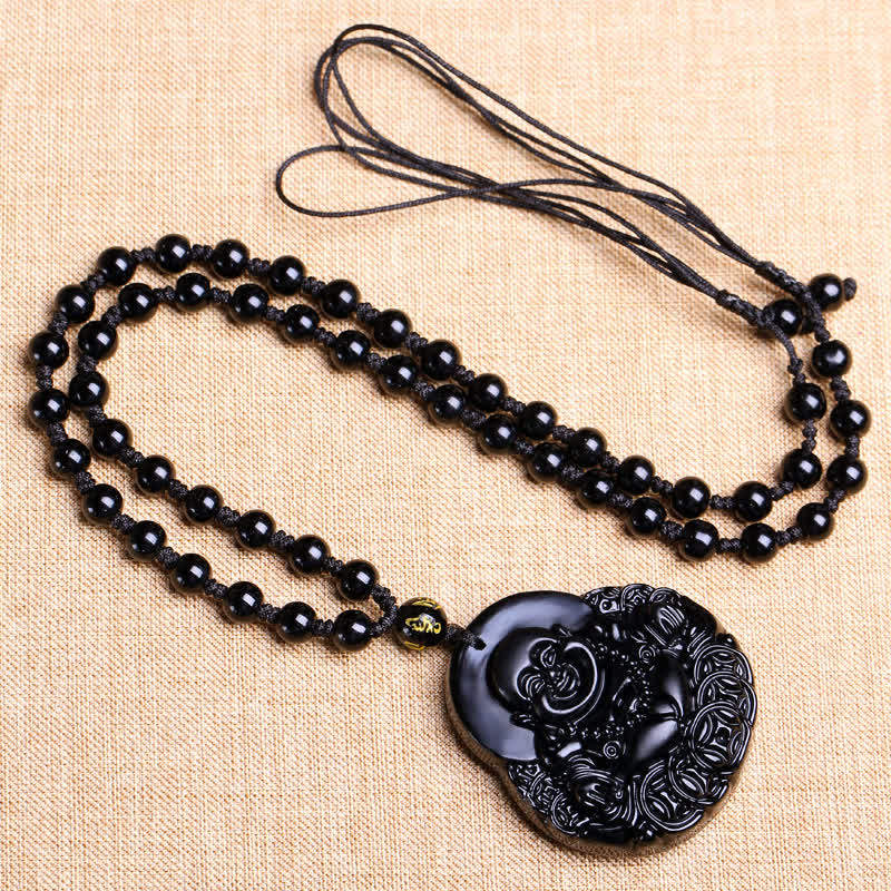 Collana con ciondolo Buddha Stones Laughing Buddha in ossidiana nera, forza e protezione - Image 5