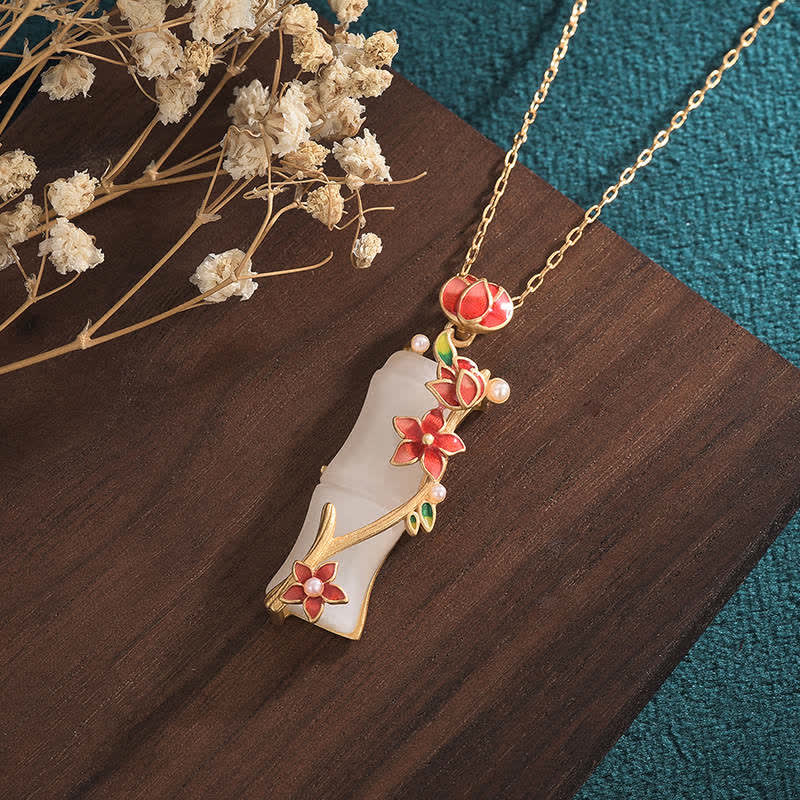Collana con ciondolo con fiori di loto, giada bianca, bambù e Buddha Stones, protezione dalla fortuna - Image 3