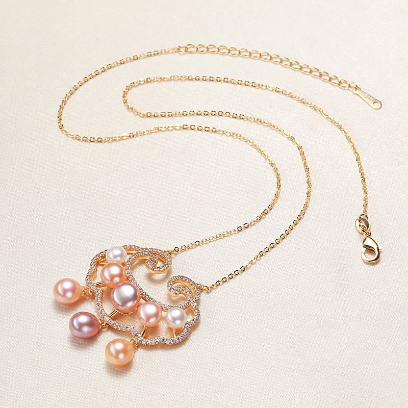 Collana con ciondolo con lucchetto cinese in perle naturali placcate in oro 18 carati, motivo : Buddha Stones