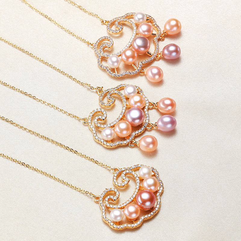 Collana con ciondolo con lucchetto cinese in perle naturali placcate in oro 18 carati, motivo : Buddha Stones - Image 2