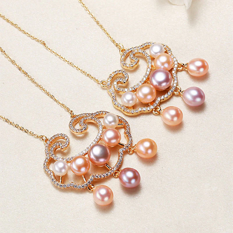 Collana con ciondolo con lucchetto cinese in perle naturali placcate in oro 18 carati, motivo : Buddha Stones - Image 8