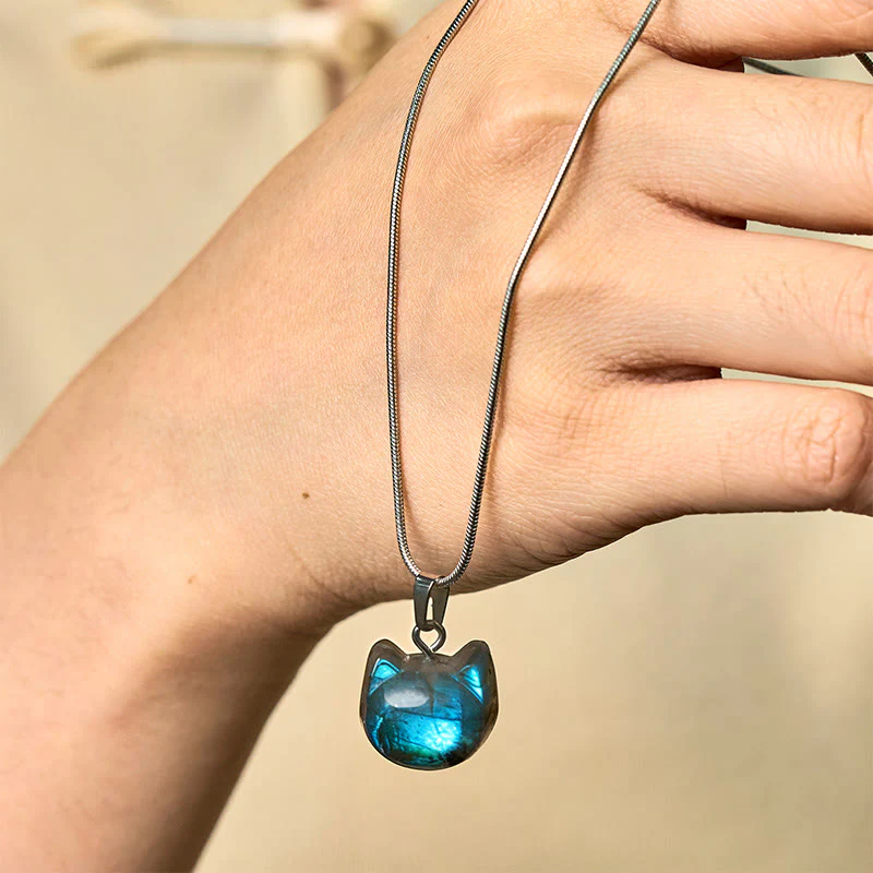 Collana con ciondolo curativo in labradorite naturale con motivo a gatto Buddha Stones