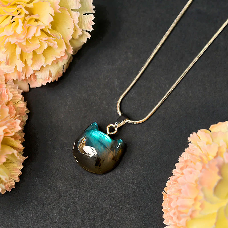 Collana con ciondolo curativo in labradorite naturale con motivo a gatto Buddha Stones - Image 3