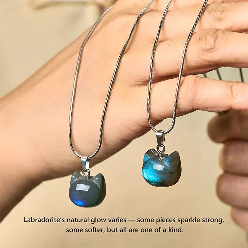 Collana con ciondolo curativo in labradorite naturale con motivo a gatto Buddha Stones - Image 5