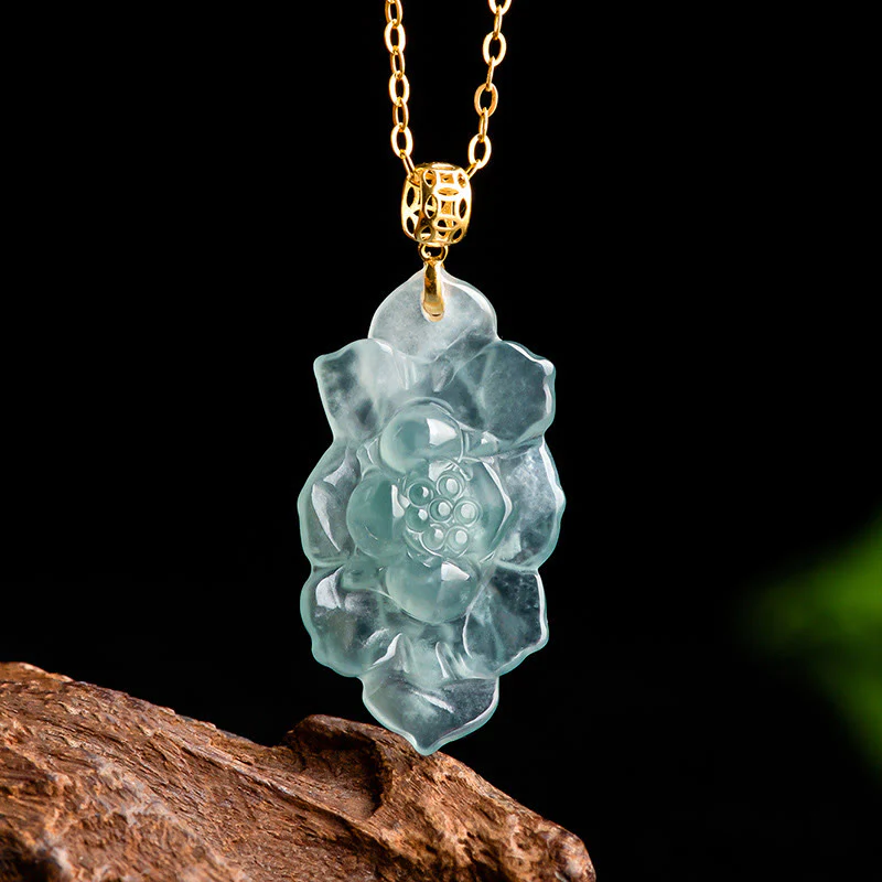 Collana con ciondolo in acciaio al titanio e catena in giada naturale con motivo a loto Buddha Stones