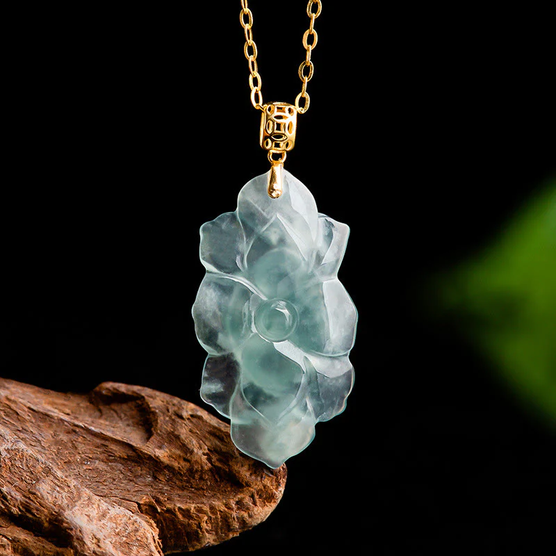 Collana con ciondolo in acciaio al titanio e catena in giada naturale con motivo a loto Buddha Stones - Image 5