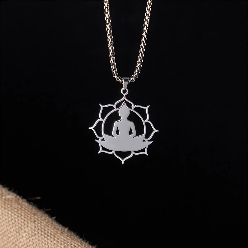 Collana con ciondolo dell'illuminazione in acciaio inossidabile con design vintage Buddha Stones Buddha seduto sul loto di Buddha - Image 12
