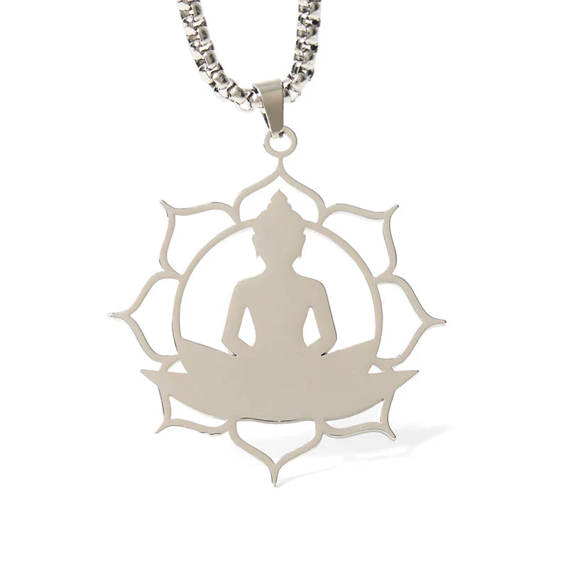 Collana con ciondolo dell'illuminazione in acciaio inossidabile con design vintage Buddha Stones Buddha seduto sul loto di Buddha - Image 14