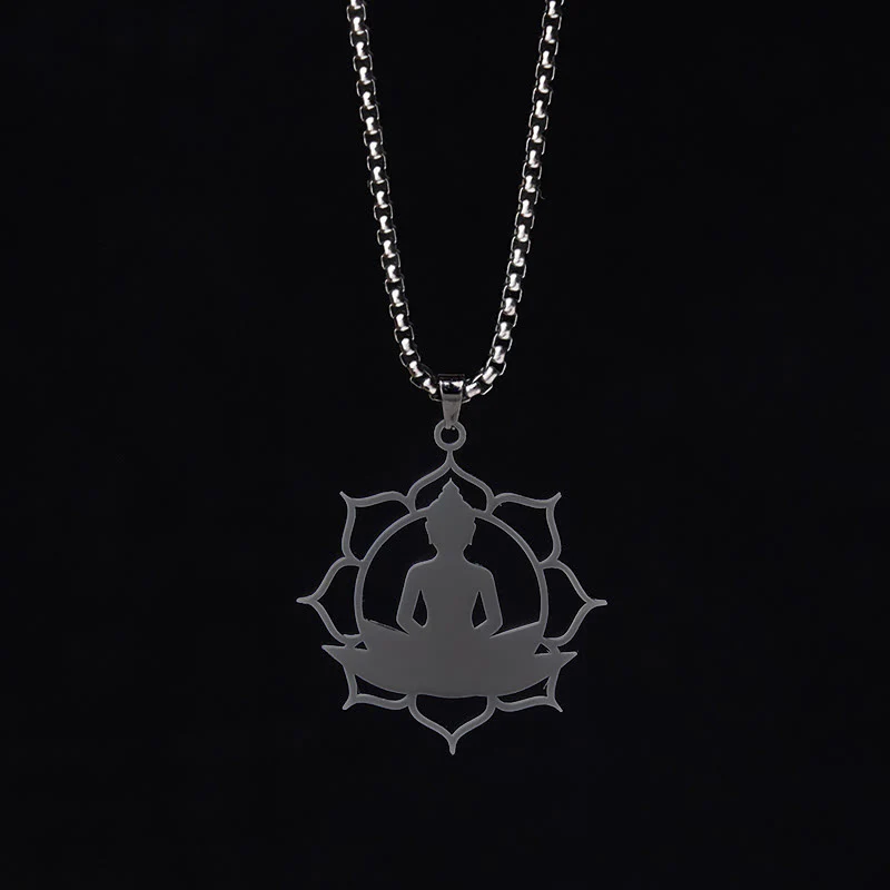 Collana con ciondolo dell'illuminazione in acciaio inossidabile con design vintage Buddha Stones Buddha seduto sul loto di Buddha - Image 18