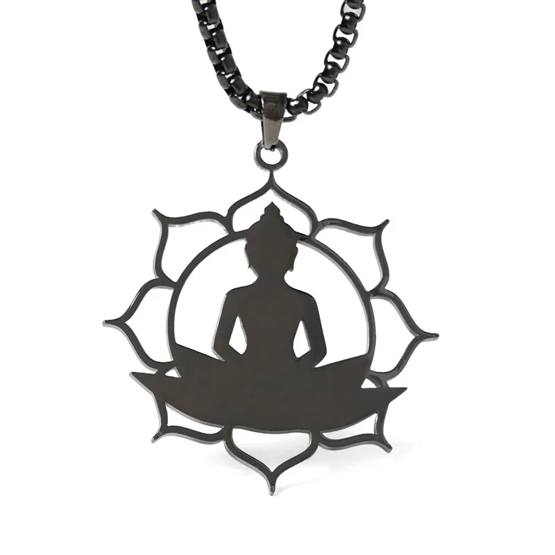 Collana con ciondolo dell'illuminazione in acciaio inossidabile con design vintage Buddha Stones Buddha seduto sul loto di Buddha - Image 19