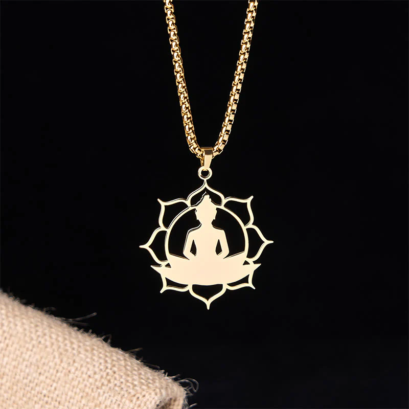 Collana con ciondolo dell'illuminazione in acciaio inossidabile con design vintage Buddha Stones Buddha seduto sul loto di Buddha - Image 4