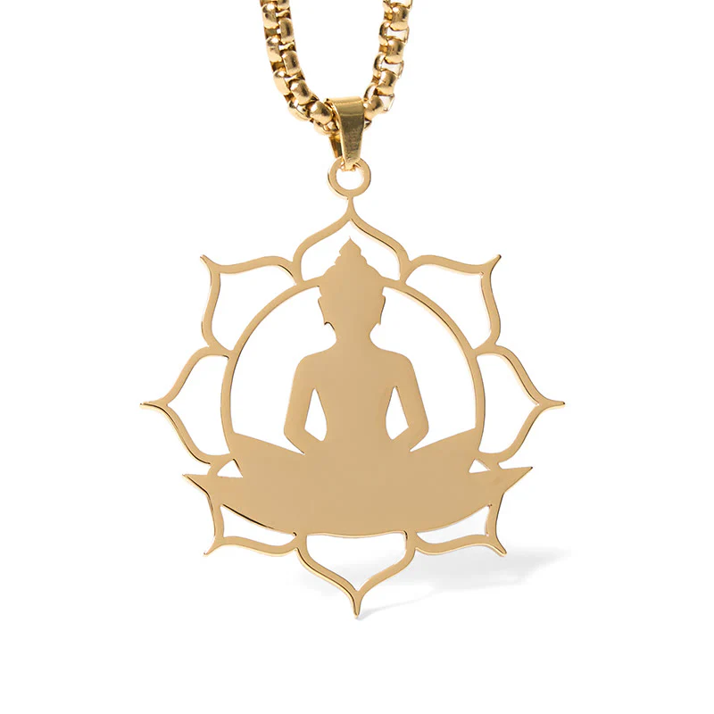 Collana con ciondolo dell'illuminazione in acciaio inossidabile con design vintage Buddha Stones Buddha seduto sul loto di Buddha - Image 6