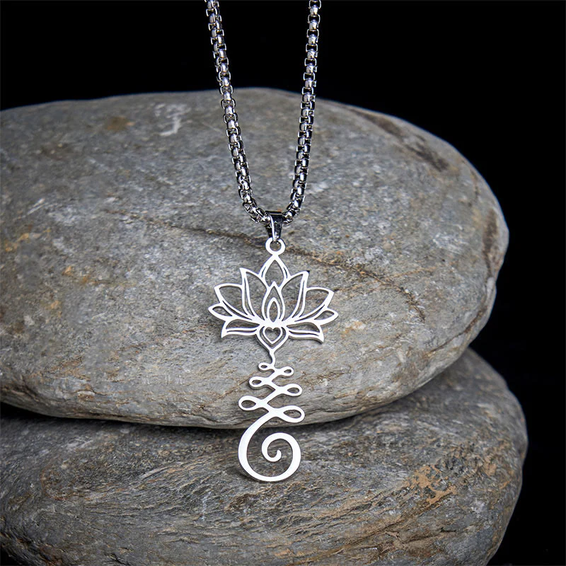 Collana con ciondolo dell'illuminazione in acciaio inossidabile con simbolo dei chakra Buddha Stones, design irregolare, loto