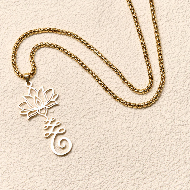 Collana con ciondolo dell'illuminazione in acciaio inossidabile con simbolo dei chakra Buddha Stones, design irregolare, loto - Image 11