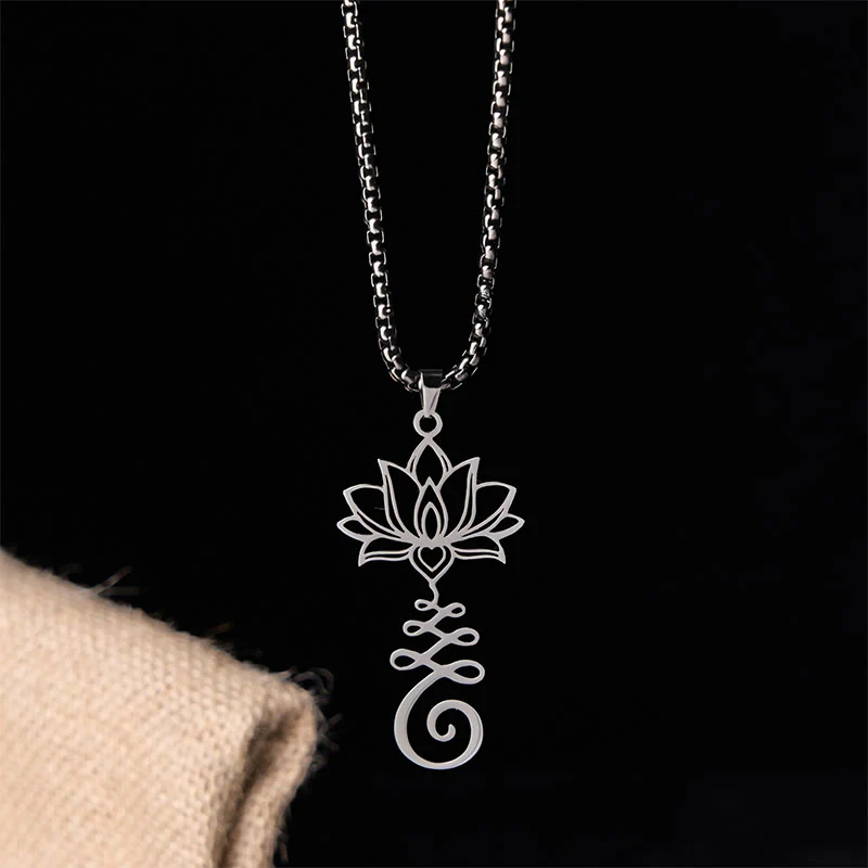 Collana con ciondolo dell'illuminazione in acciaio inossidabile con simbolo dei chakra Buddha Stones, design irregolare, loto - Image 2