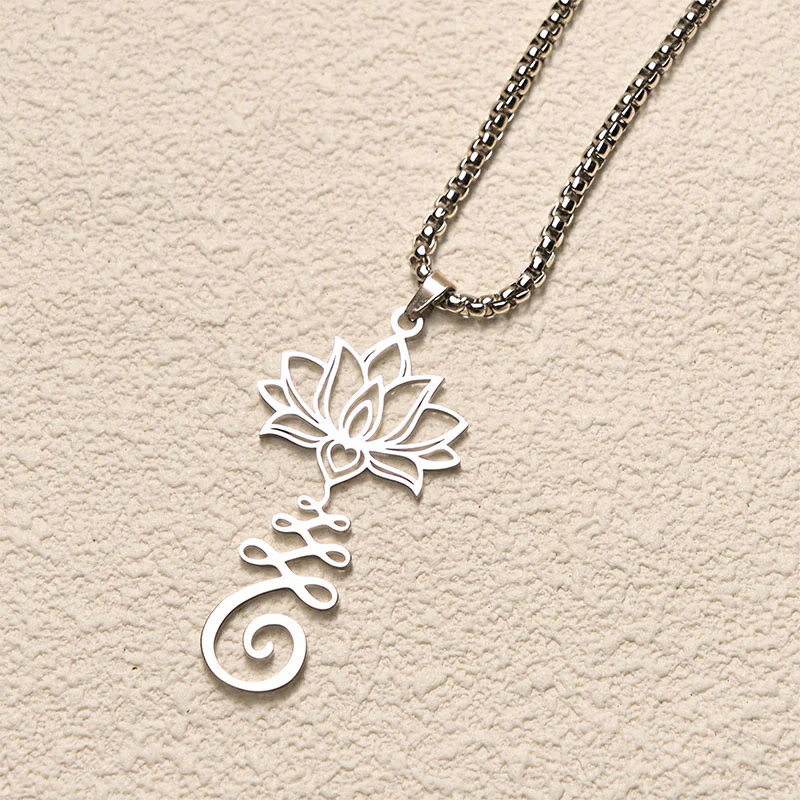 Collana con ciondolo dell'illuminazione in acciaio inossidabile con simbolo dei chakra Buddha Stones, design irregolare, loto - Image 3