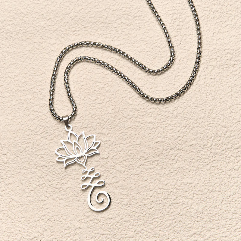 Collana con ciondolo dell'illuminazione in acciaio inossidabile con simbolo dei chakra Buddha Stones, design irregolare, loto - Image 4