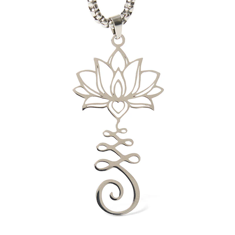 Collana con ciondolo dell'illuminazione in acciaio inossidabile con simbolo dei chakra Buddha Stones, design irregolare, loto - Image 6