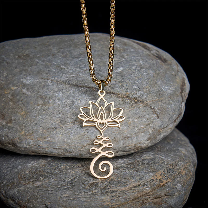 Collana con ciondolo dell'illuminazione in acciaio inossidabile con simbolo dei chakra Buddha Stones, design irregolare, loto - Image 8