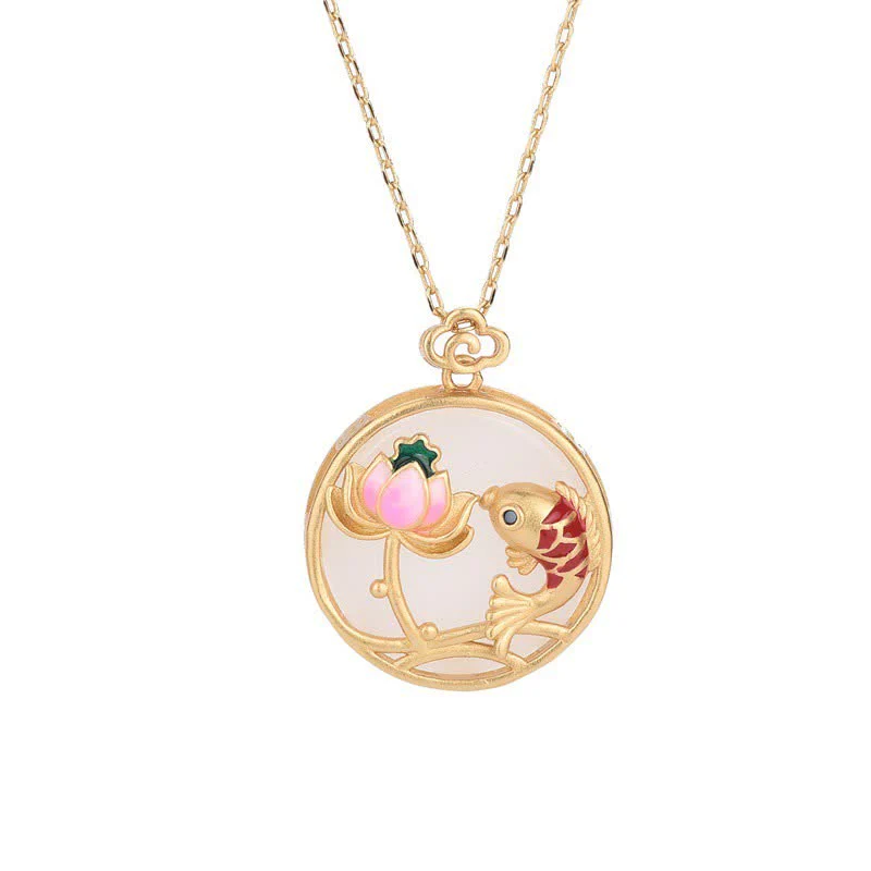 Collana con ciondolo di benedizione di loto di pesce koi in giada bianca - Image 5