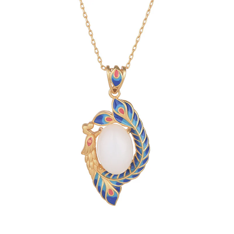 Collana con ciondolo di benedizione in rame e pavone in giada bianca - Image 5
