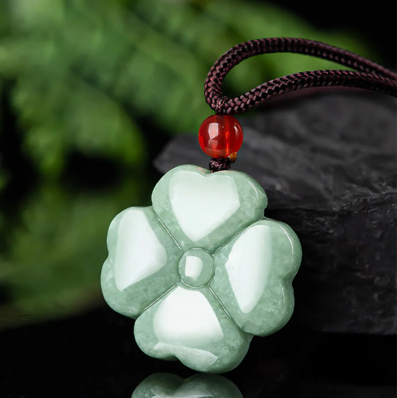 Collana con ciondolo di giada a forma di quadrifoglio fortunato naturale Buddha Stones prosperità - Image 3