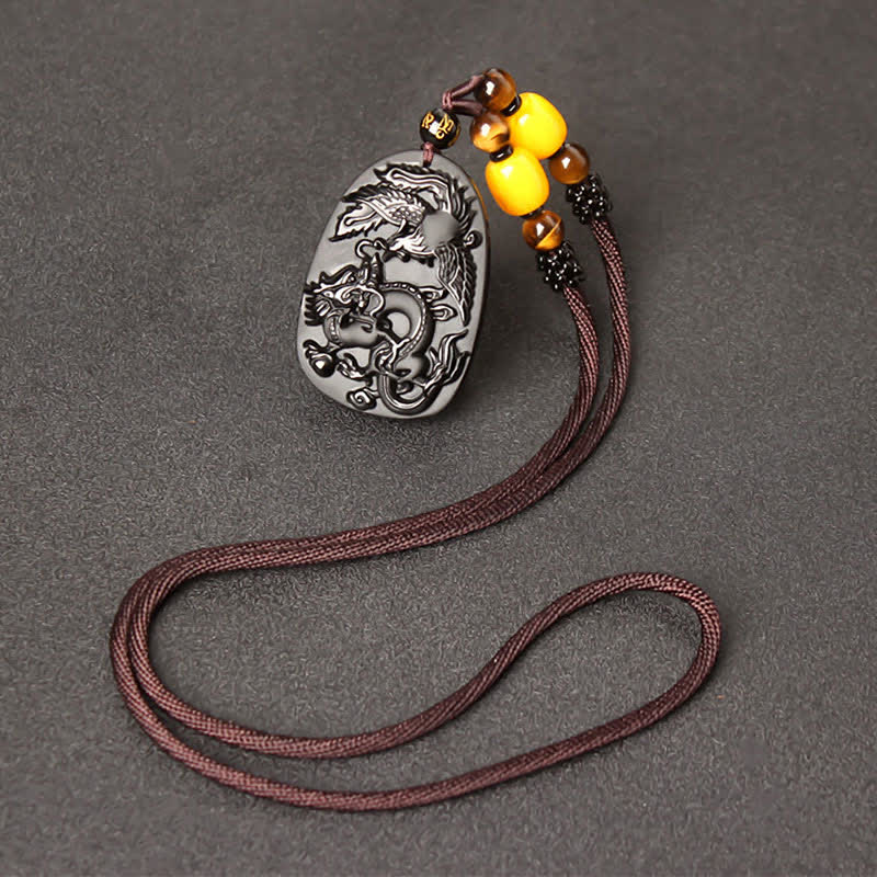 Collana con ciondolo di perline di protezione in ossidiana nera con occhio di tigre, drago e fenice - Image 8