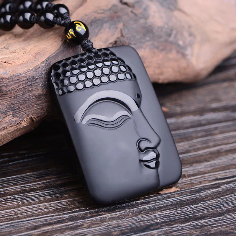 Collana con ciondolo di preghiera e purificazione della fortuna del Buddha Stones Natural Black Obsidian