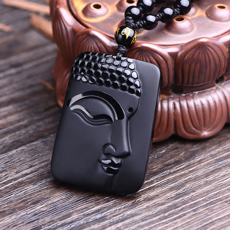 Collana con ciondolo di preghiera e purificazione della fortuna del Buddha Stones Natural Black Obsidian - Image 2