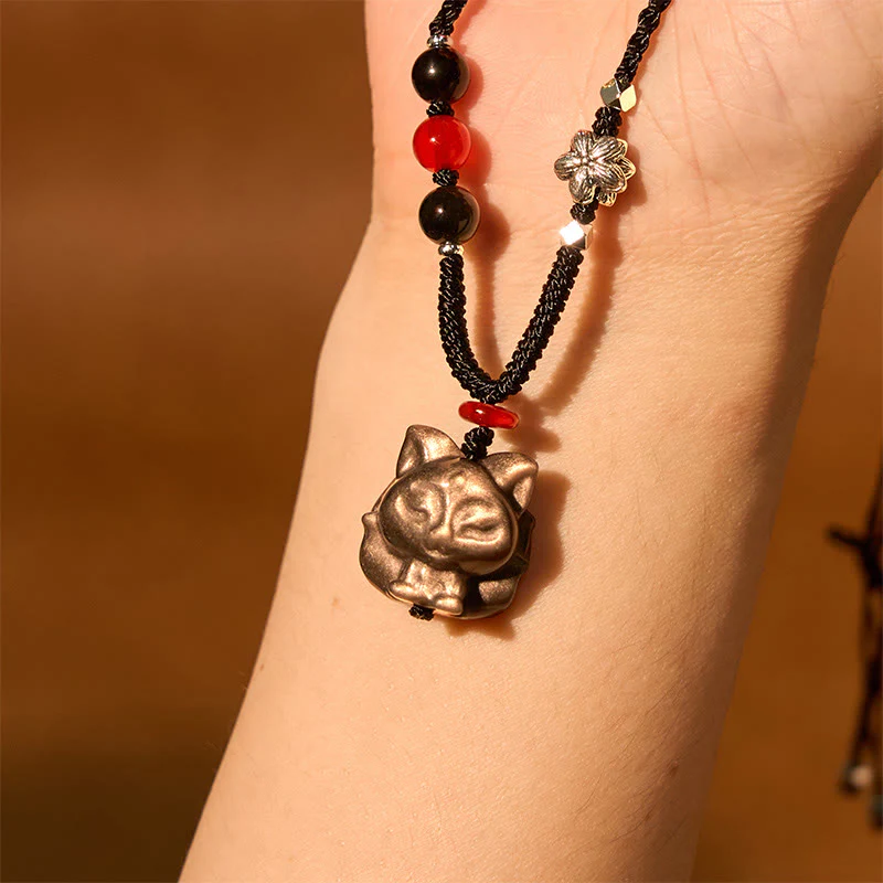 Collana con ciondolo di protezione a forma di volpe a nove code in ossidiana lucida d'argento naturale Buddha Stones - Image 5