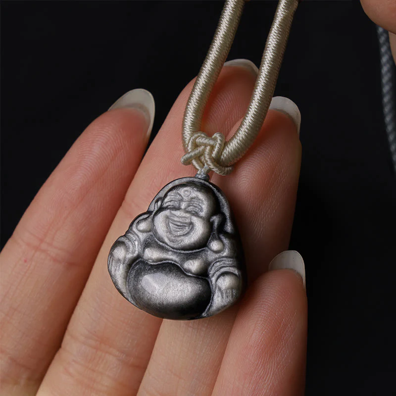 Collana con ciondolo di protezione Buddha che ride in ossidiana naturale con Buddha Stones in argento - Image 2