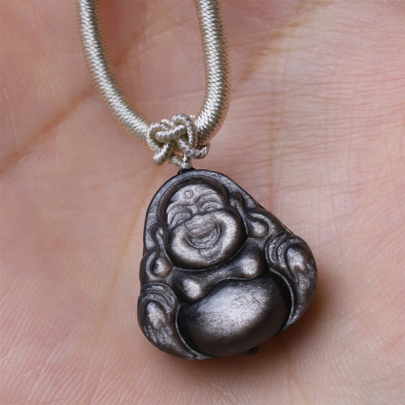 Collana con ciondolo di protezione Buddha che ride in ossidiana naturale con Buddha Stones in argento - Image 3
