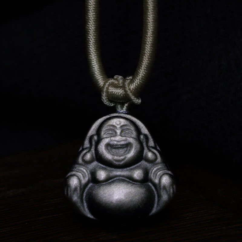 Collana con ciondolo di protezione Buddha che ride in ossidiana naturale con Buddha Stones in argento - Image 4