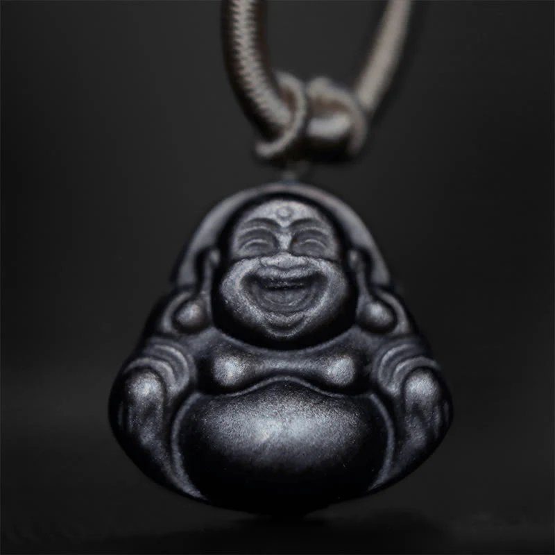 Collana con ciondolo di protezione Buddha che ride in ossidiana naturale con Buddha Stones in argento - Image 5