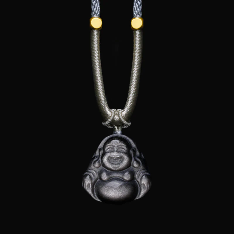 Collana con ciondolo di protezione Buddha che ride in ossidiana naturale con Buddha Stones in argento - Image 6