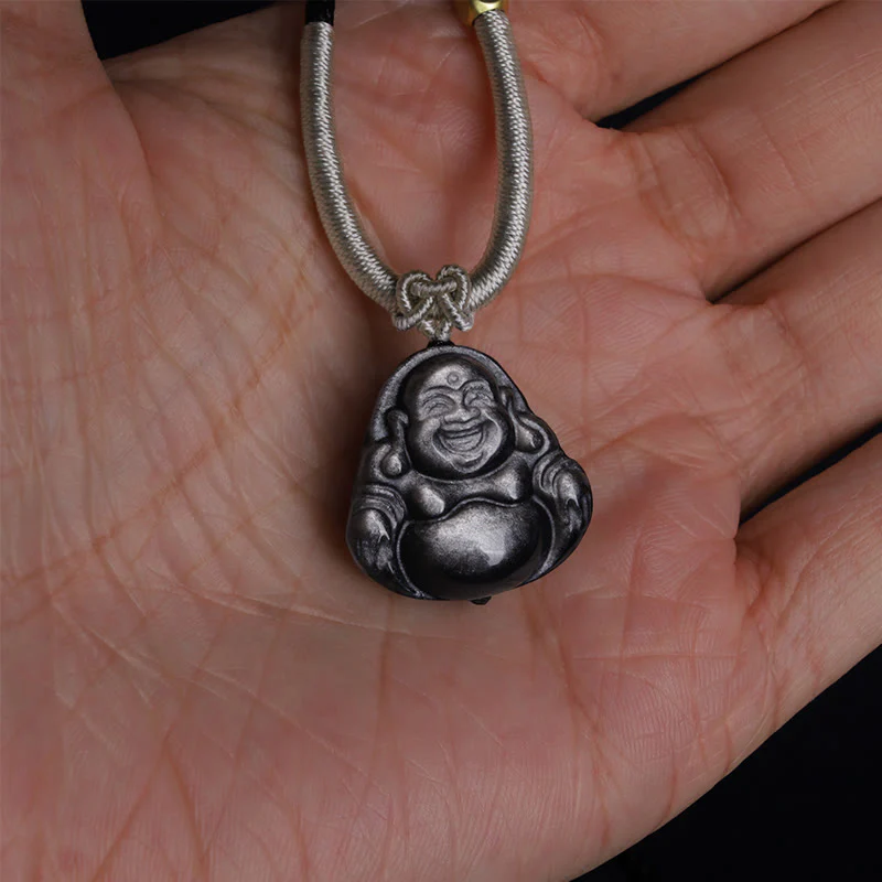 Collana con ciondolo di protezione Buddha che ride in ossidiana naturale con Buddha Stones in argento - Image 7